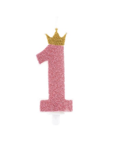 CANDELINA N.1 ROSA GLITTER CON CORONAORO CM.9.5